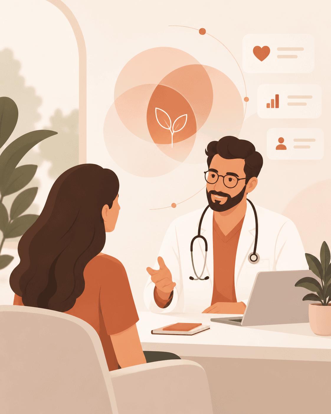 Illustration of a doctor consulting with a patient in a warm, calm office