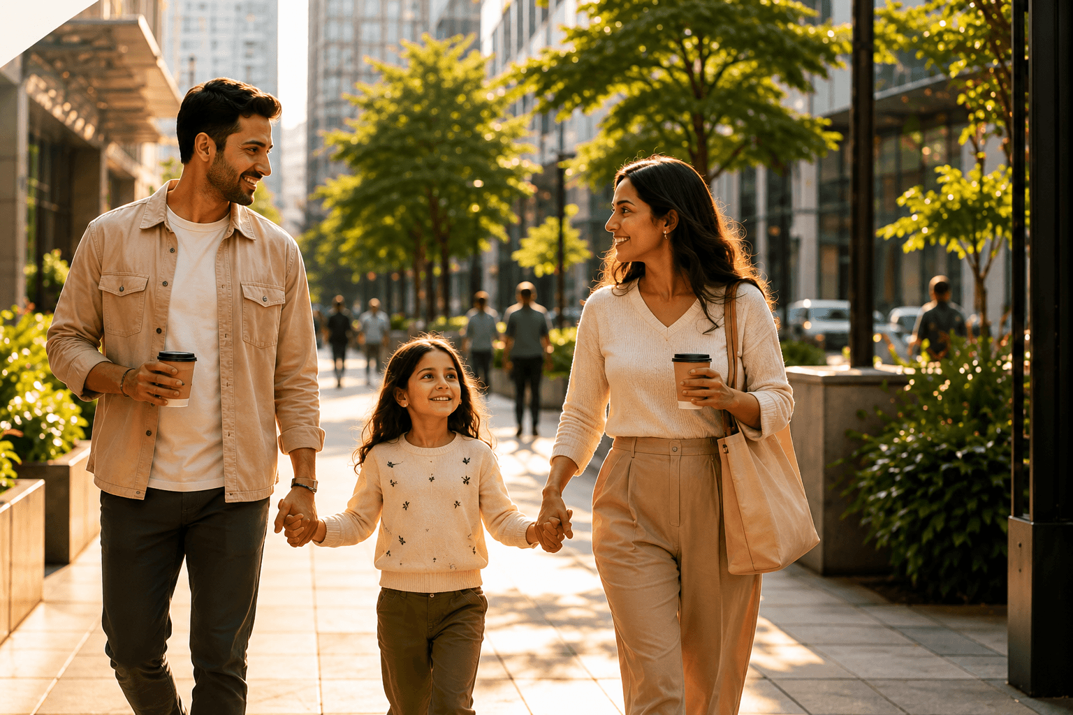 A family walking together along a tree lined city street in warm morning light.